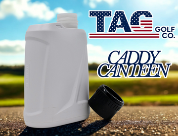 White container with black cap on a golf course background, featuring 'TAG Golf Co.' branding.