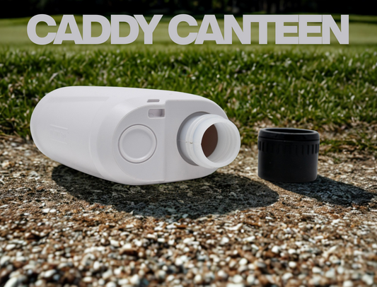 White caddy canteen device on a golf course with 'Caddy Canteen' branding.