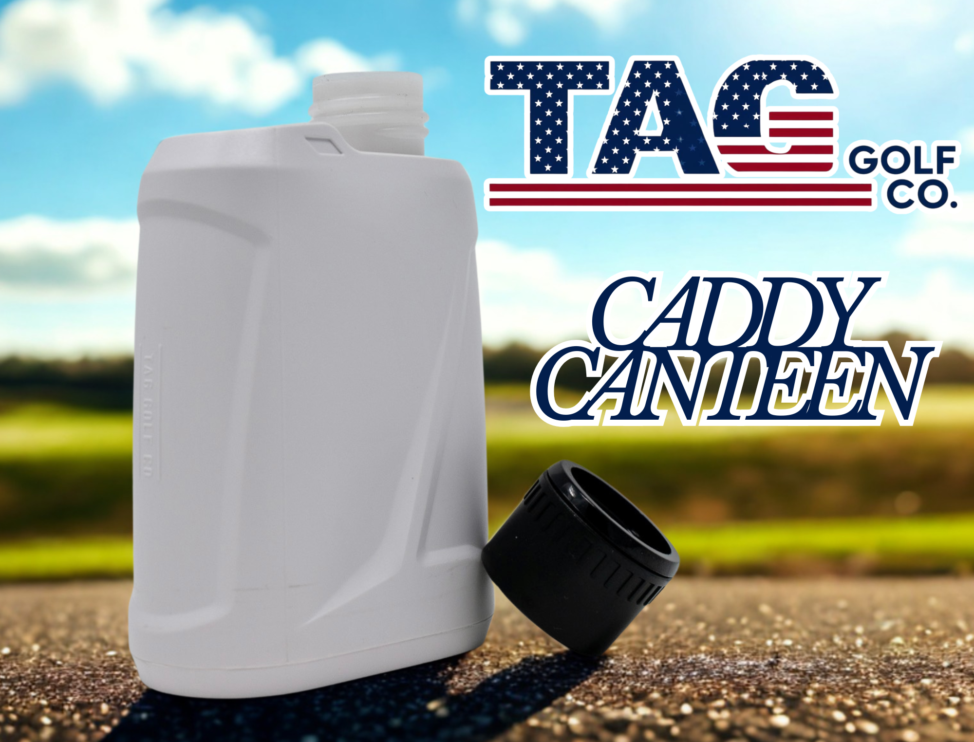 White container with black cap on a golf course background, featuring 'TAG Golf Co.' branding.